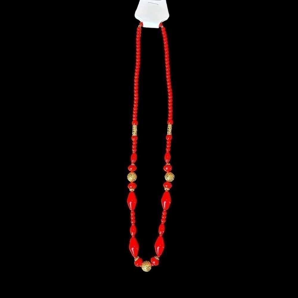 Red & Gold Fashion Jewelry Beaded Gold Tone Accent 24” Necklace